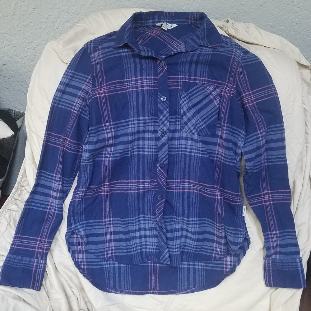 Women's Blue + Pink Plaid Button-Up Shirt